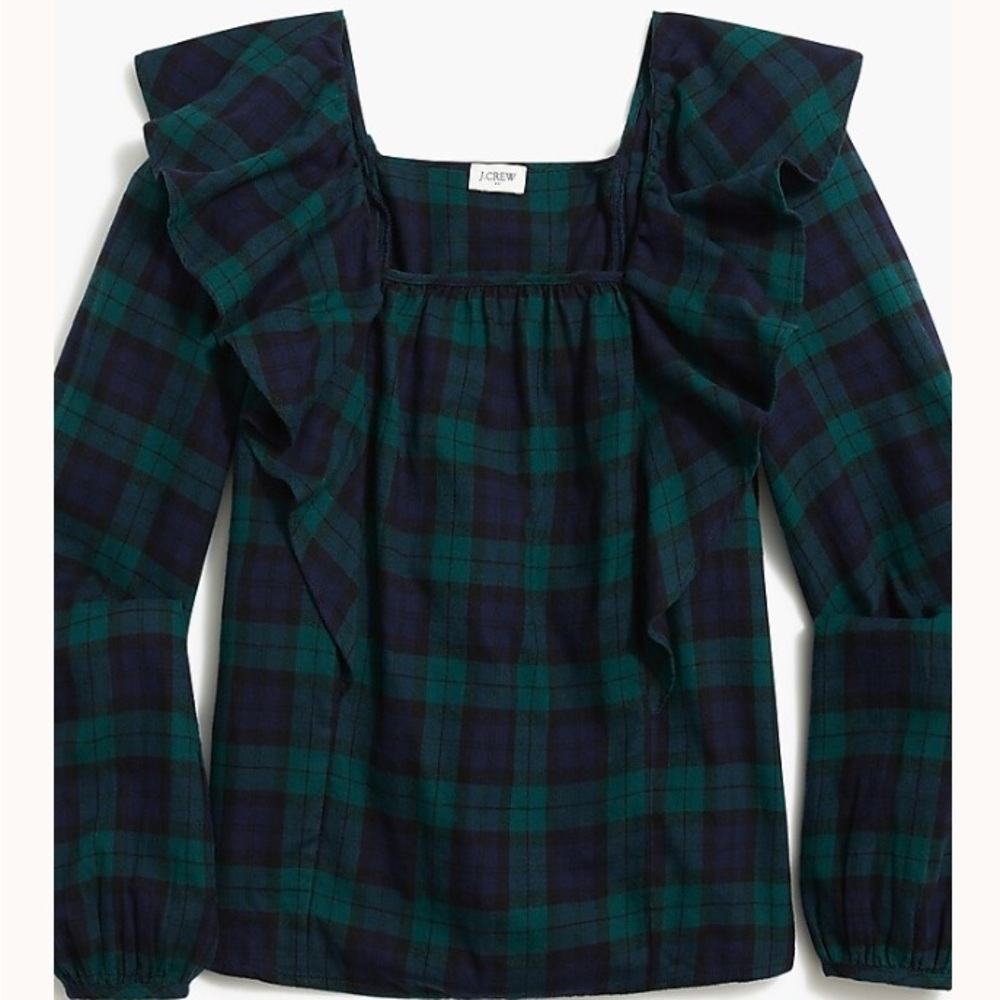 J. Crew Green and Blue Ruffled Puff Sleeve Blouse